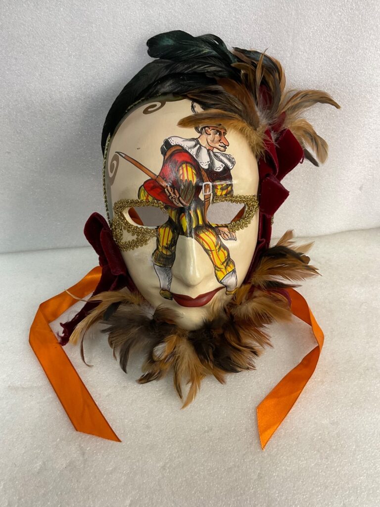 Giangurgolo Commedia dell'Arte Hand Painted Feather Masquerade Mask 11 in - Image 1