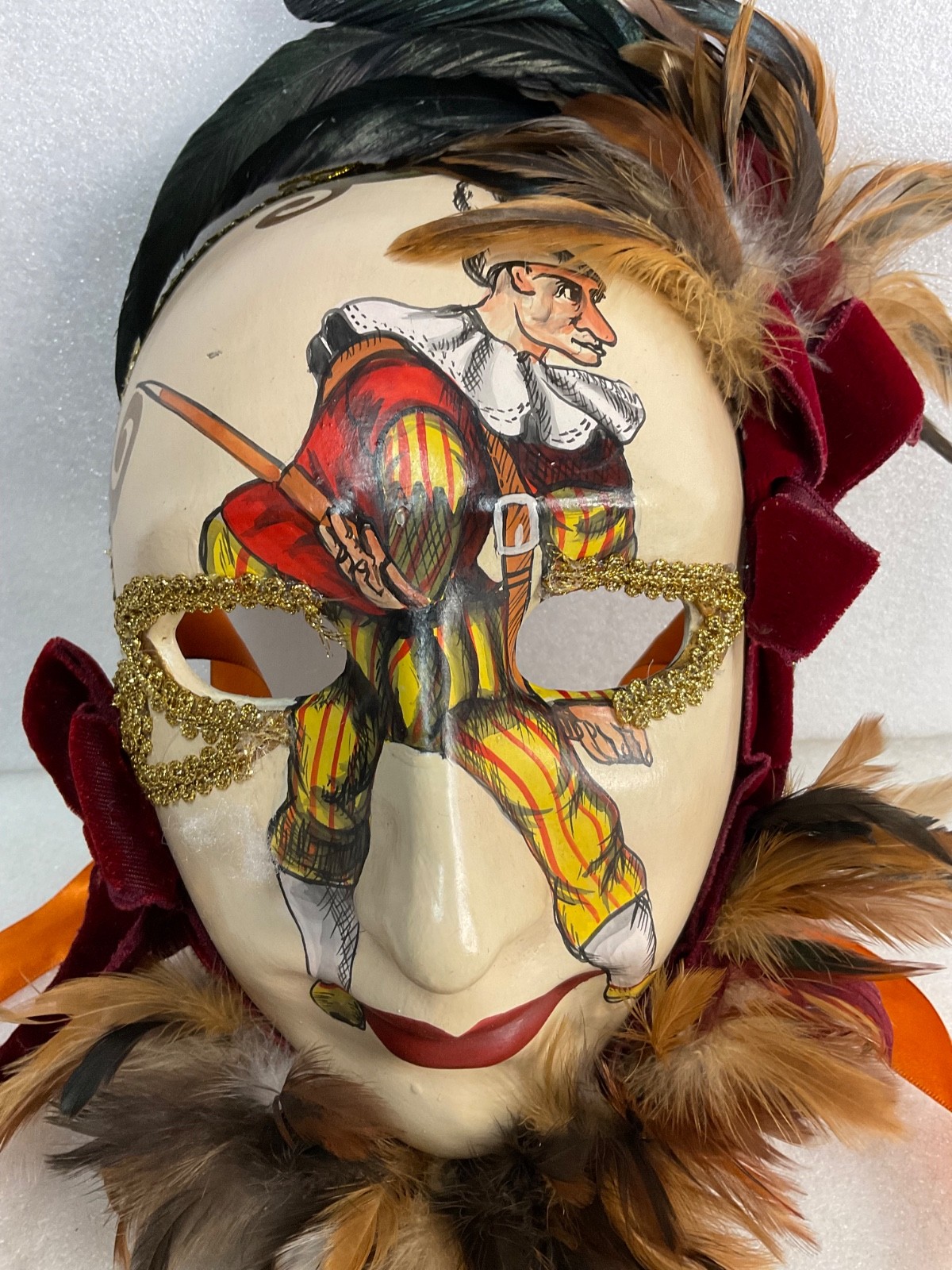 Giangurgolo Commedia dell'Arte Hand Painted Feather Masquerade Mask 11 in - Image 2