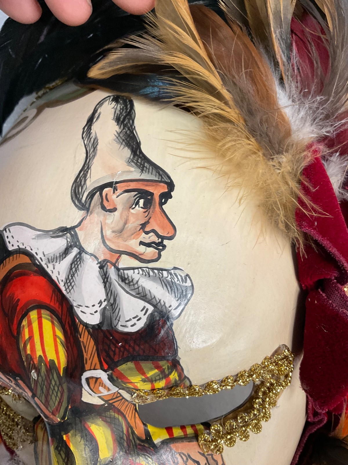Giangurgolo Commedia dell'Arte Hand Painted Feather Masquerade Mask 11 in - Image 3