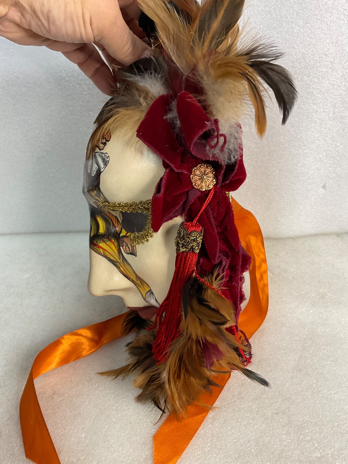 Giangurgolo Commedia dell'Arte Hand Painted Feather Masquerade Mask 11 in - Image 8