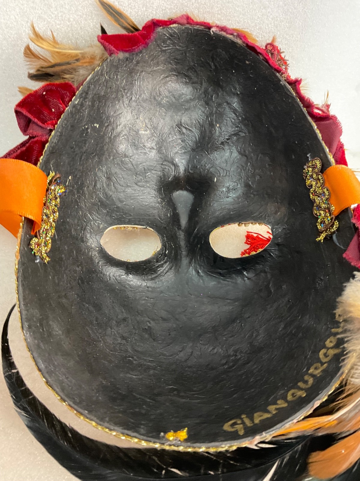Giangurgolo Commedia dell'Arte Hand Painted Feather Masquerade Mask 11 in - Image 11