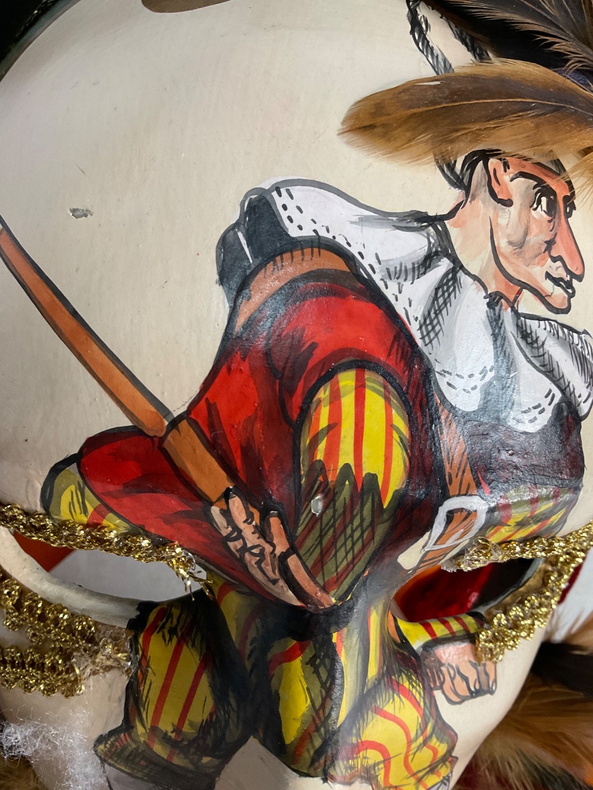Giangurgolo Commedia dell'Arte Hand Painted Feather Masquerade Mask 11 in - Image 5