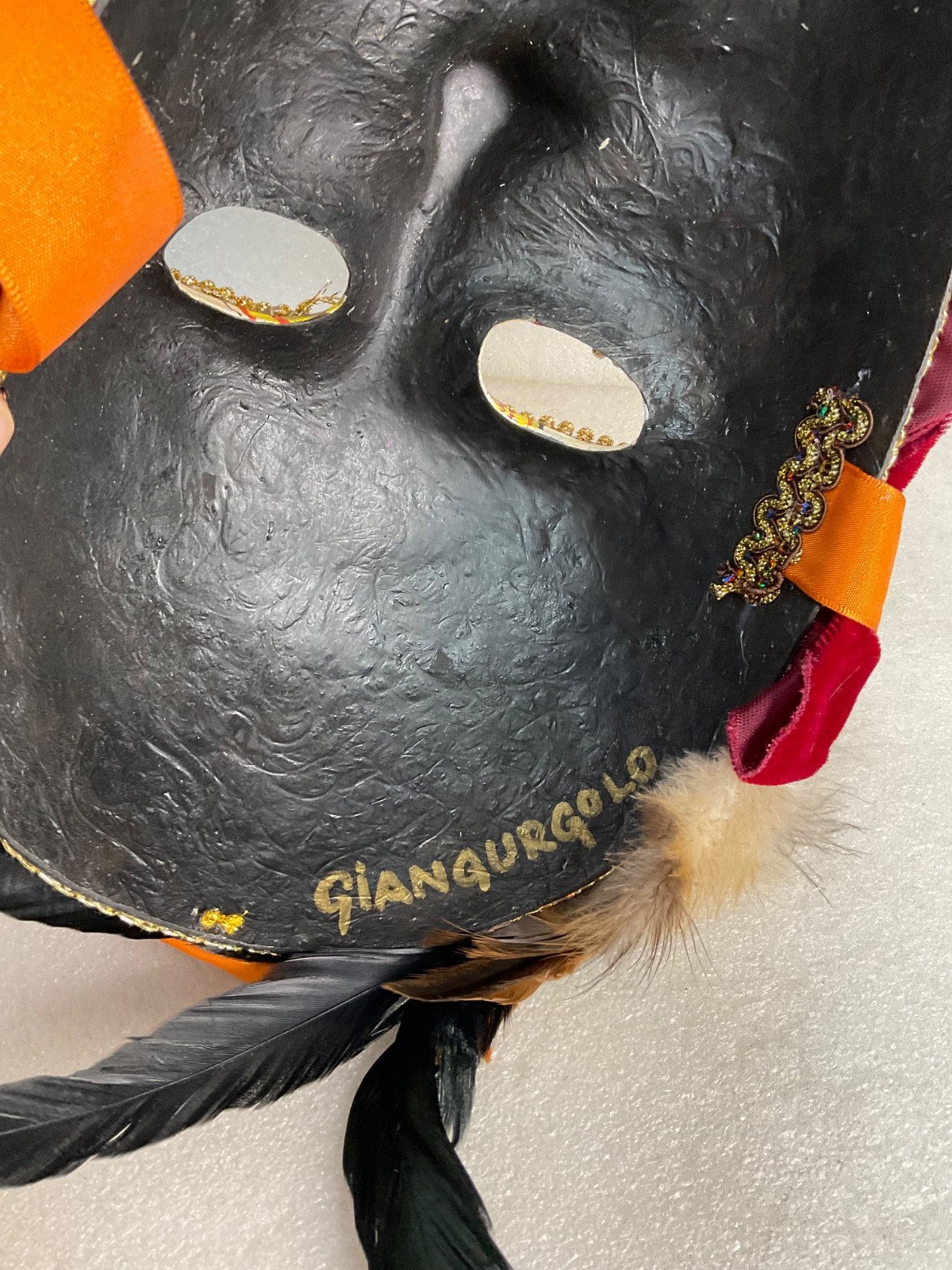 Giangurgolo Commedia dell'Arte Hand Painted Feather Masquerade Mask 11 in - Image 12