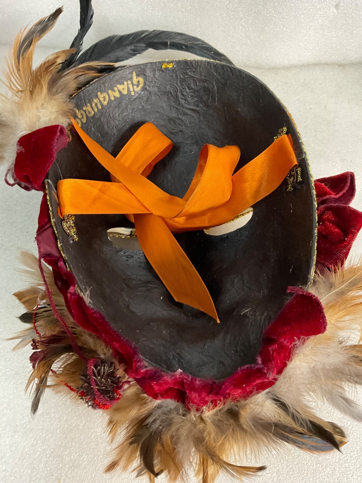 Giangurgolo Commedia dell'Arte Hand Painted Feather Masquerade Mask 11 in - Image 15