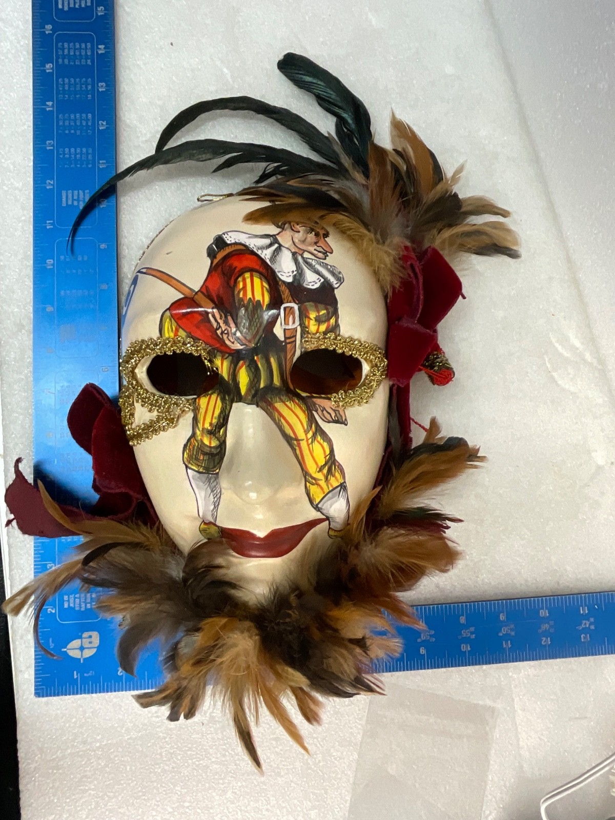 Giangurgolo Commedia dell'Arte Hand Painted Feather Masquerade Mask 11 in - Image 19