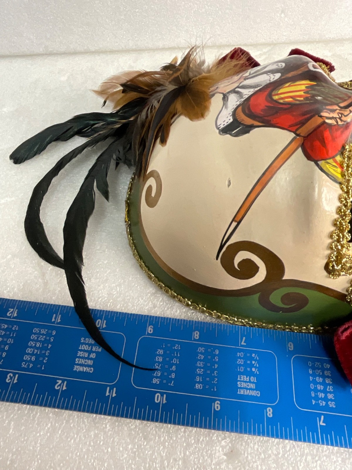 Giangurgolo Commedia dell'Arte Hand Painted Feather Masquerade Mask 11 in - Image 20