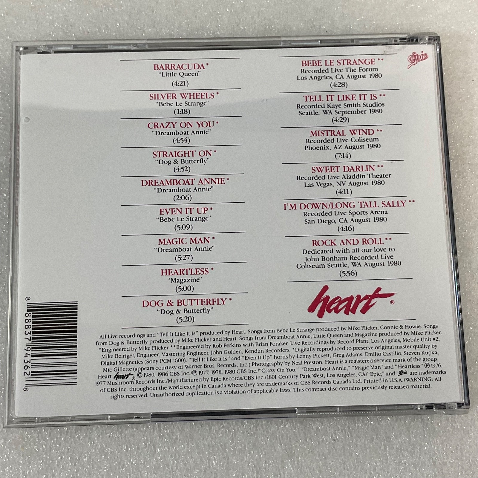 Heart Greatest Hits CD Epic EGK 36888 Classic Rock Compilation - Image 2