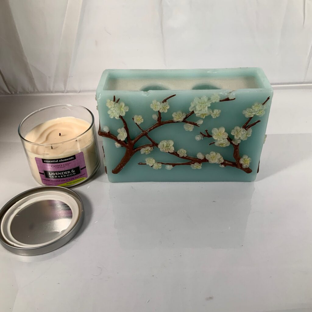 Aqua Floral Block Candle & Candle-Lite Lavender Cedarwood 3 Wick Lot - Image 1