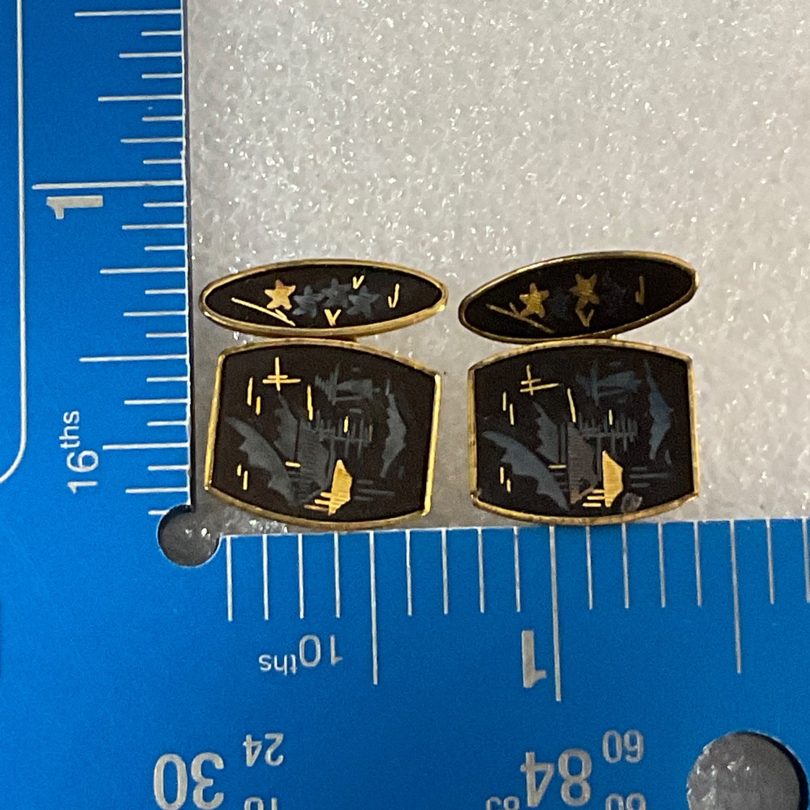 Vintage Damascene Gold Tone Cufflinks 0.75in Black Inlay Scenic Design - Image 8