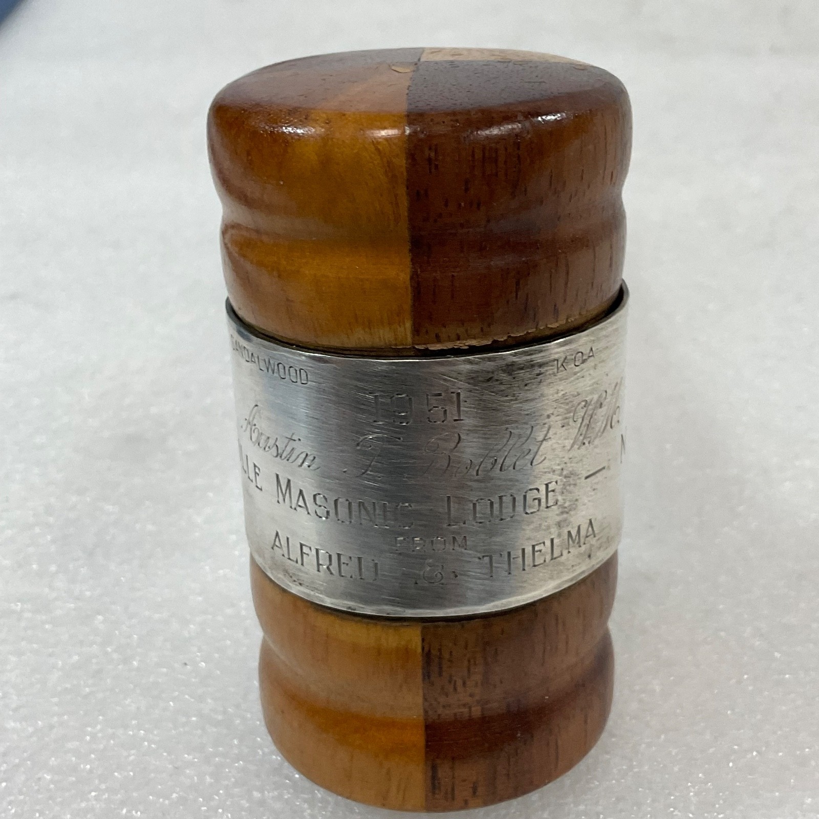 Vintage 9in Masonic Gavel Sandalwood Silver Band Vacaville Lodge 134 1951 - Image 2