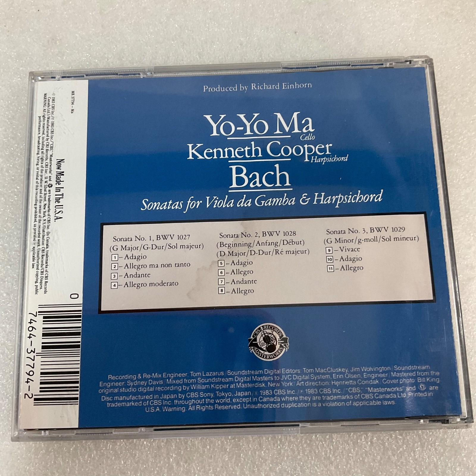 Yo-Yo Ma Kenneth Cooper Bach Sonatas for Viola da Gamba & Harpsichord CD - Image 2