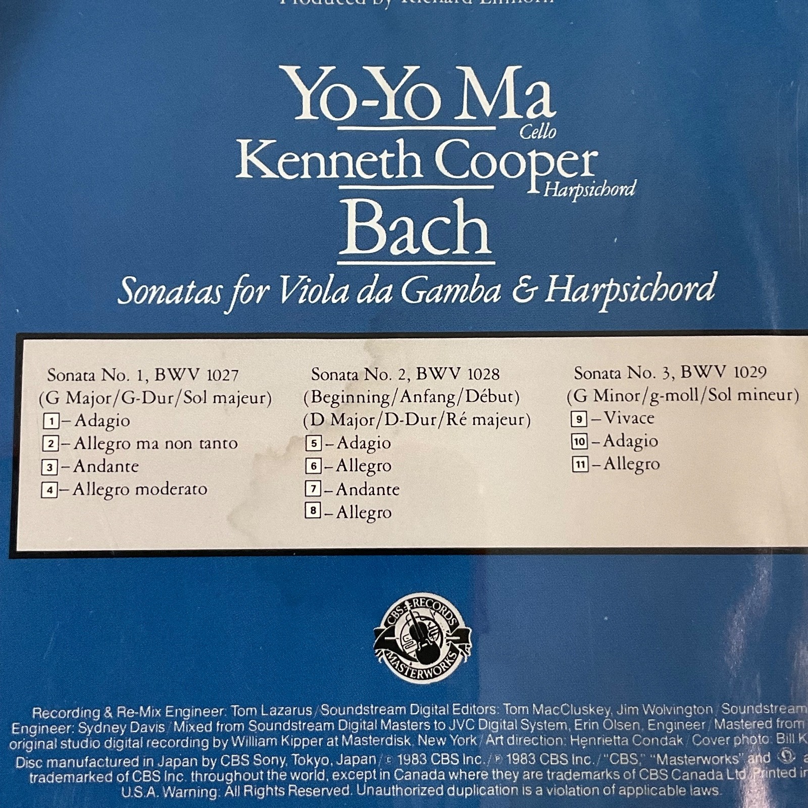 Yo-Yo Ma Kenneth Cooper Bach Sonatas for Viola da Gamba & Harpsichord CD - Image 8