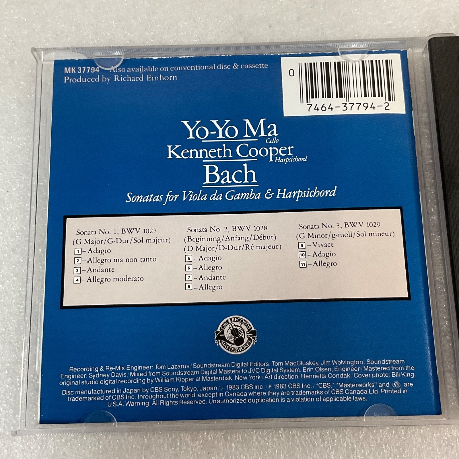 Yo-Yo Ma Kenneth Cooper Bach Sonatas for Viola da Gamba & Harpsichord CD - Image 9