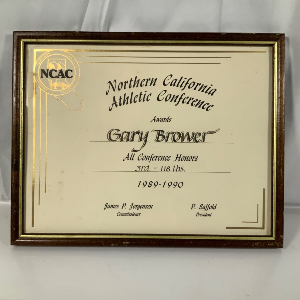1989-90 NCAC Gary Brower Wrestling All Conference 118 lb Award Framed - Image 1