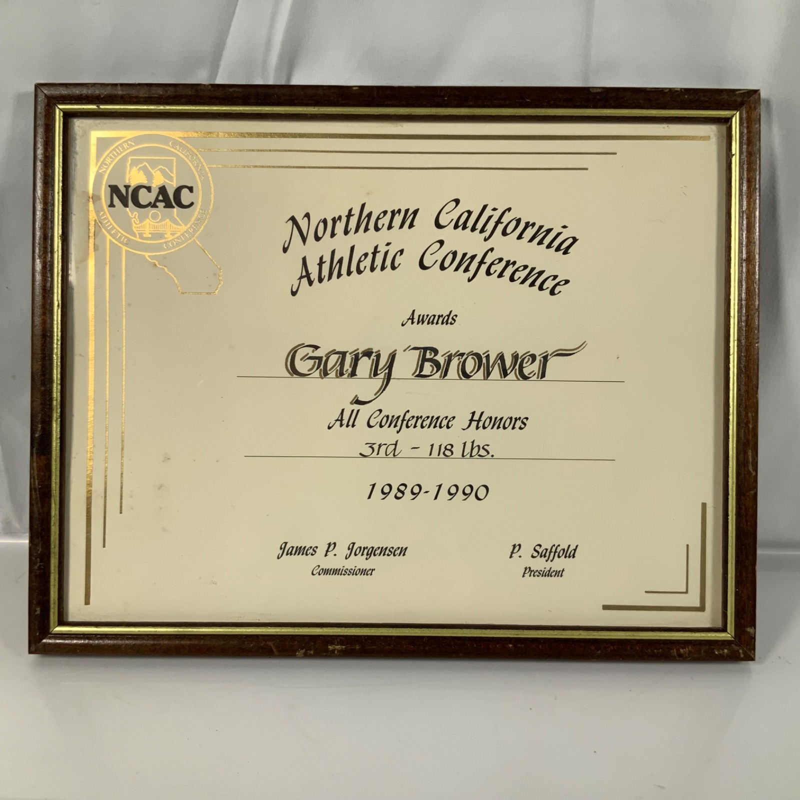 1989-90 NCAC Gary Brower Wrestling All Conference 118 lb Award Framed - Image 1