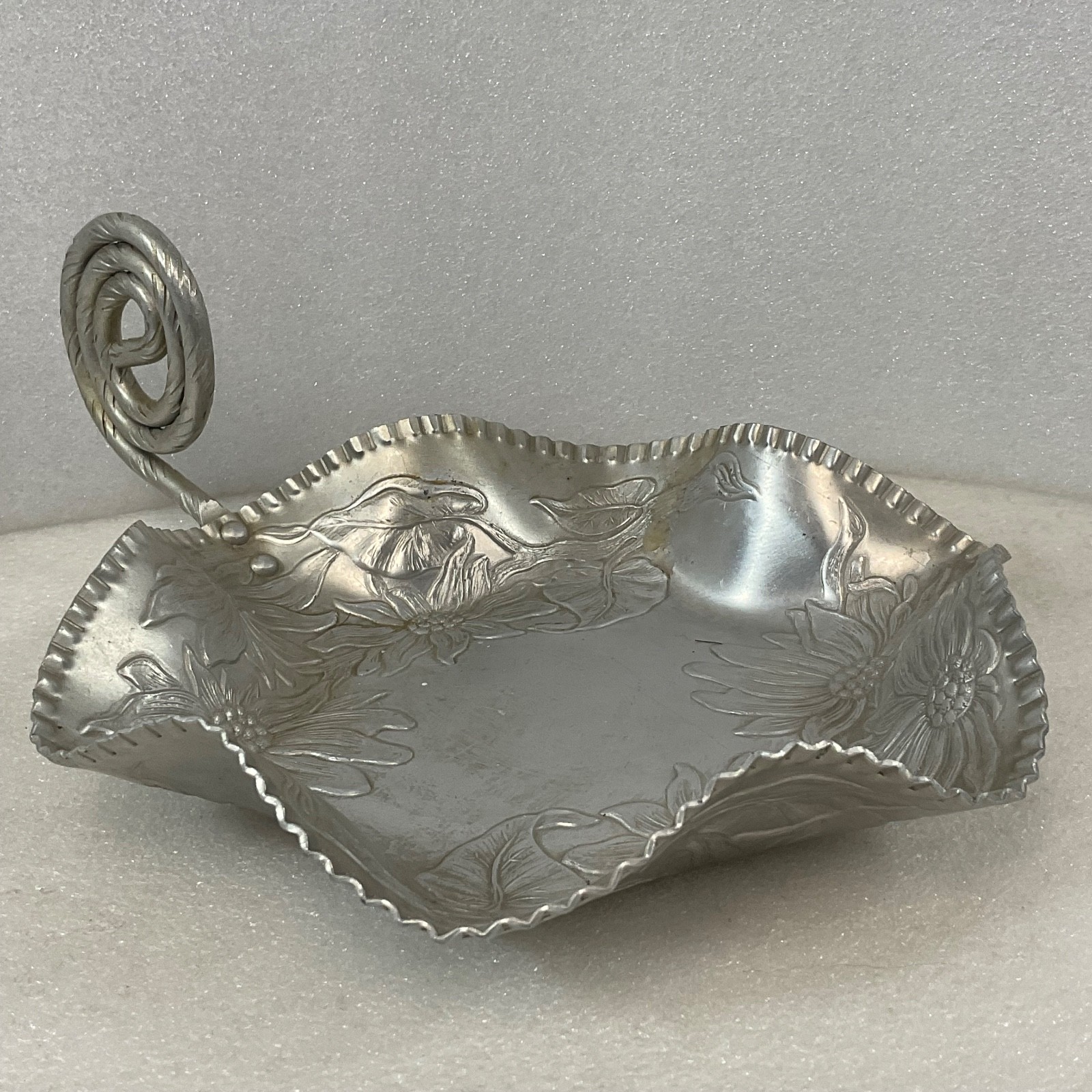 Vintage Floral Embossed Aluminum Tray with Spiral Handle 7 in Decorative Dish - Image 1