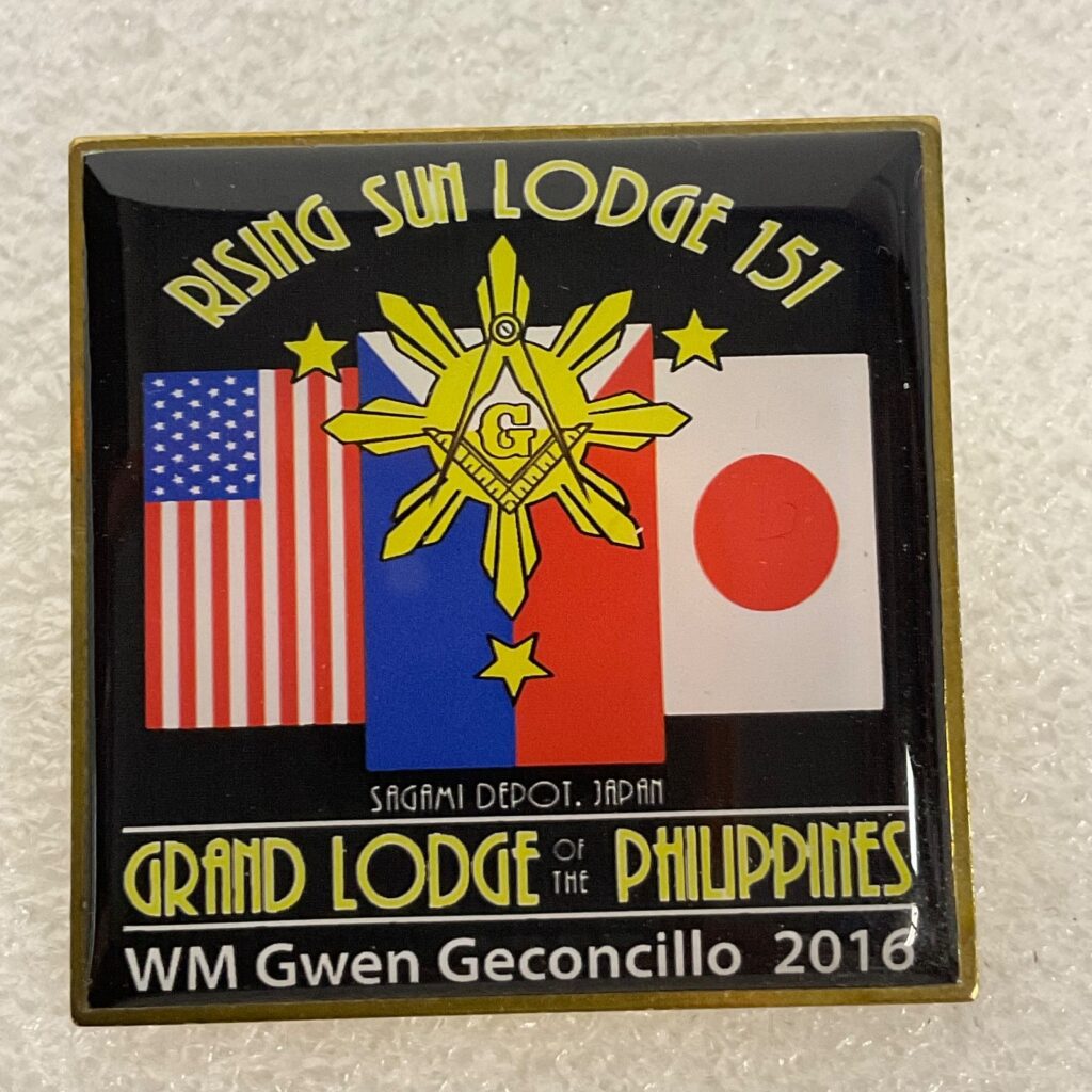 1.5in Square Masonic Pin Rising Sun Lodge 151 Grand Lodge Philippines 2016 - Image 1
