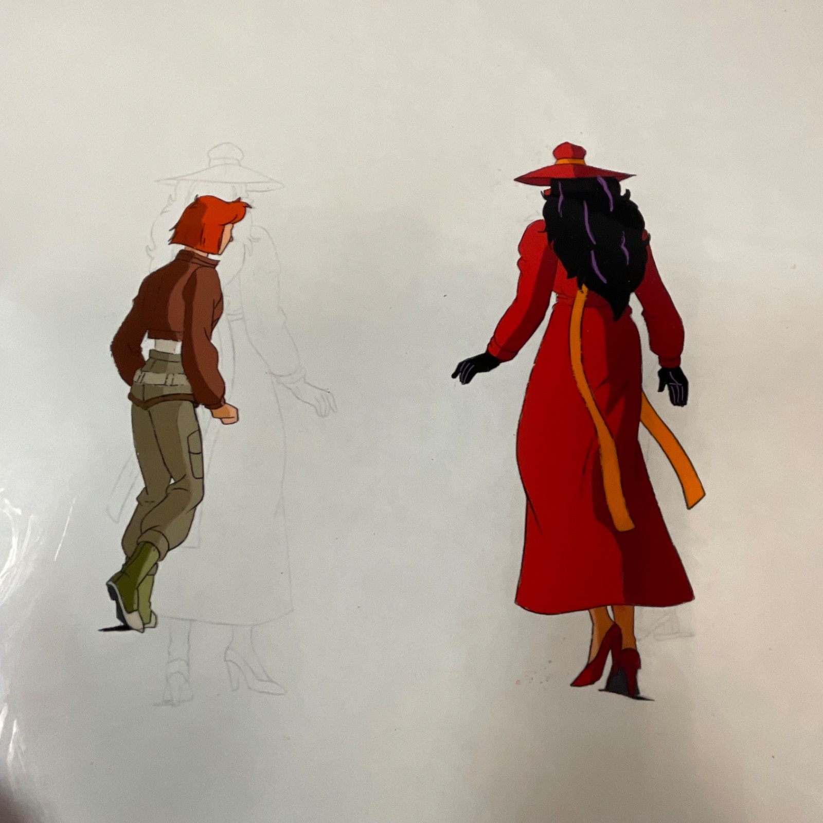 Original Animation Production Cel with Pencil Underdrawing Two Figures 12 in x 1 - Image 1