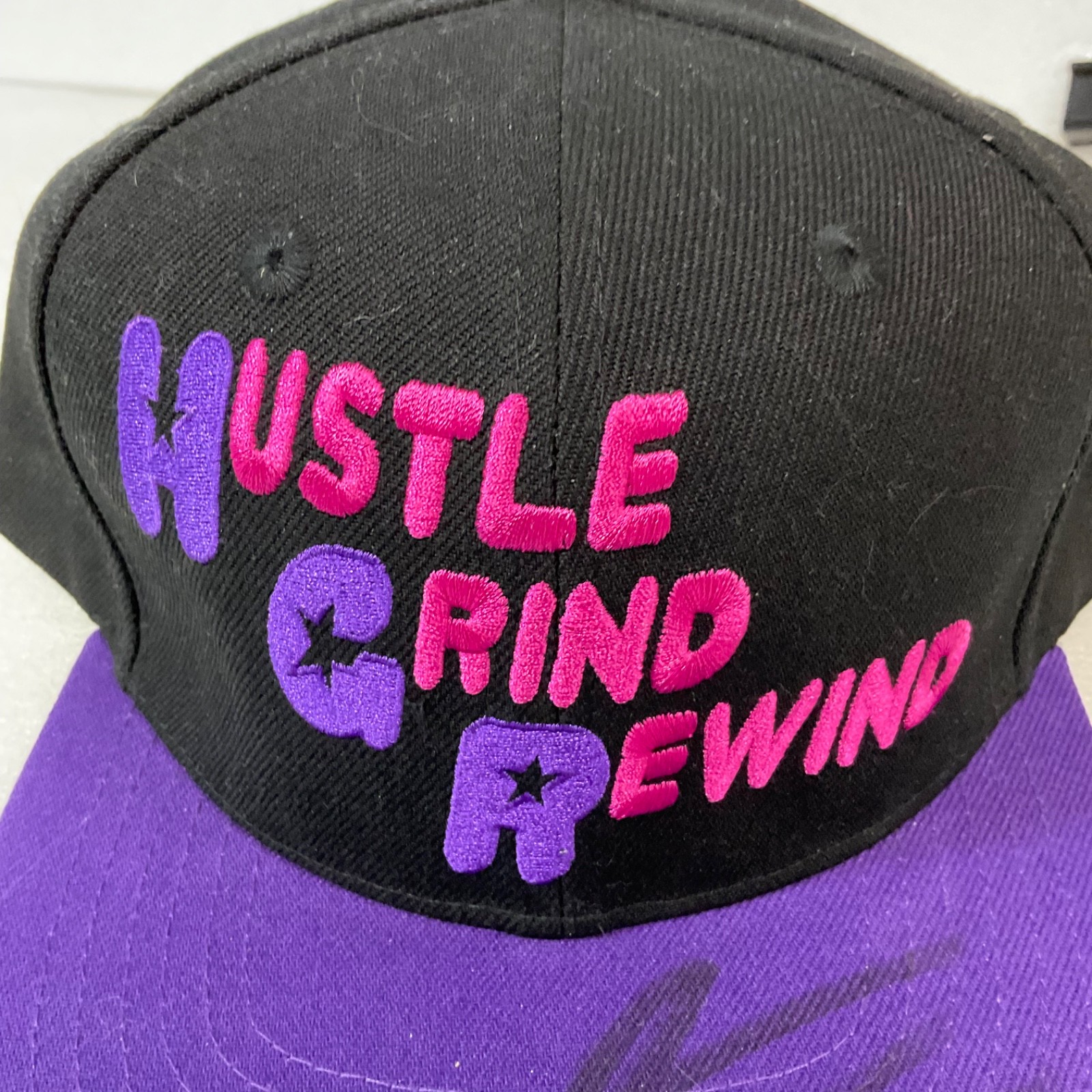 Hustle Grind Rewind Storage Auction Pirate Snapback Hat Black Purple - Image 4