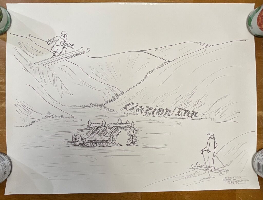 Philip Luskin Clarion Inn Sun Valley Drawing 29x21in Original Ski Art - Image 1