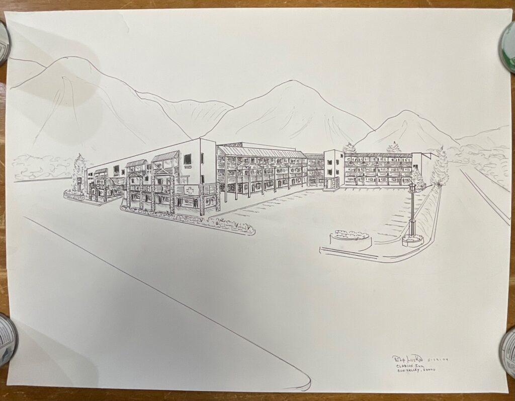 Original Philip Luskin Drawing Clarion Inn Sun Valley Idaho 18in x 24in - Image 1