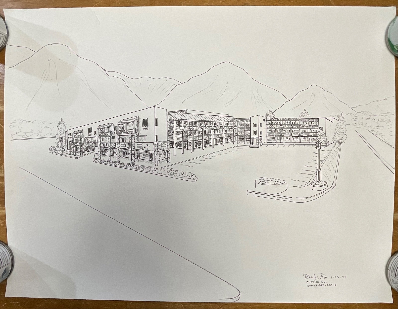 Original Philip Luskin Drawing Clarion Inn Sun Valley Idaho 18in x 24in - Image 1
