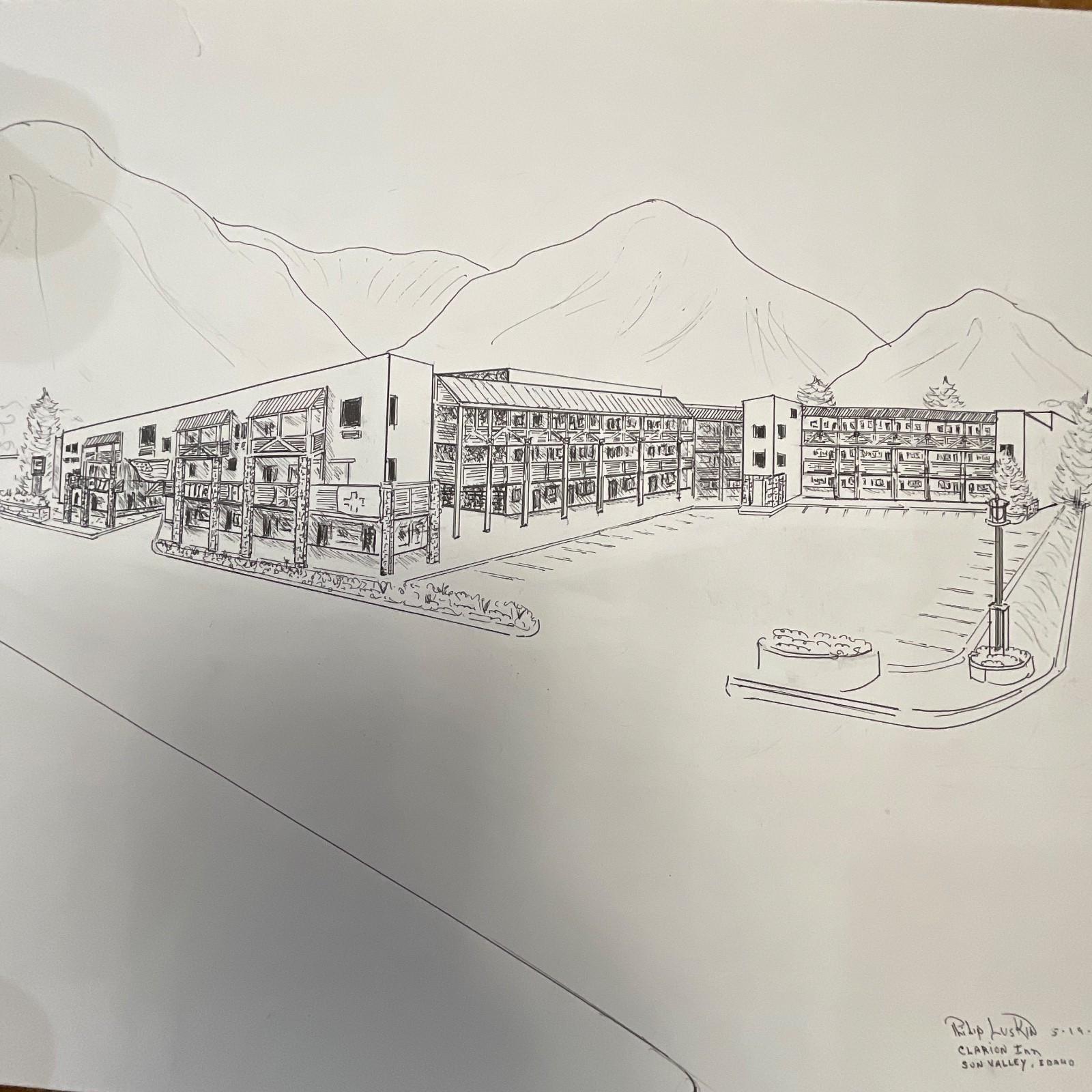 Original Philip Luskin Drawing Clarion Inn Sun Valley Idaho 18in x 24in - Image 3