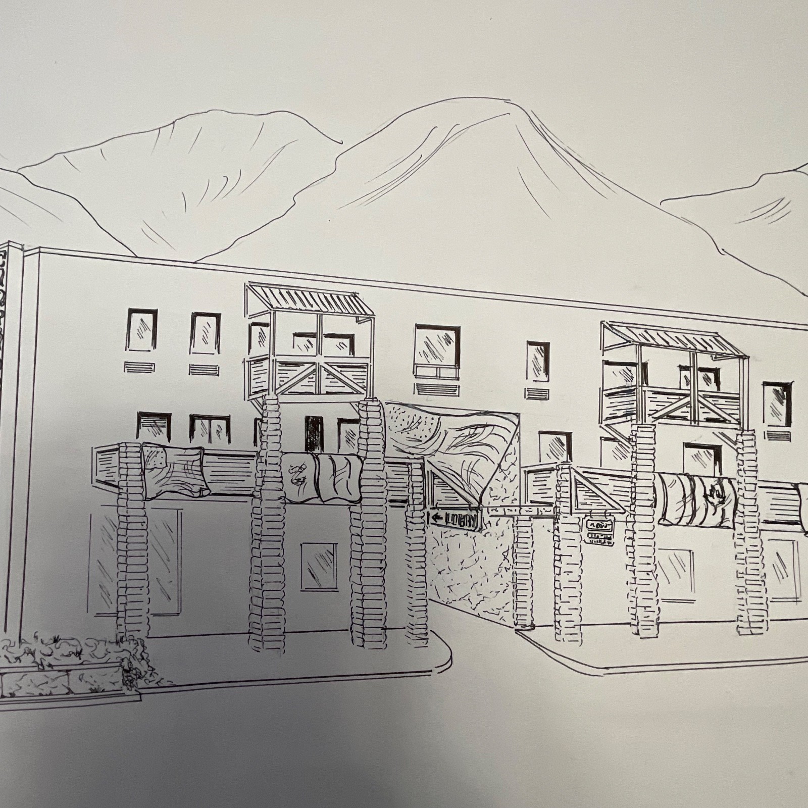 Philip Luskin Clarion Inn Sun Valley Idaho Drawing 24in x 30in Ink Sketch - Image 3