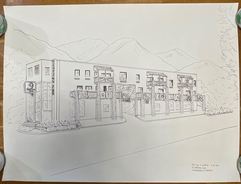 Philip Luskin Clarion Inn Sun Valley Idaho Drawing 24in x 30in Ink Sketch - Image 1