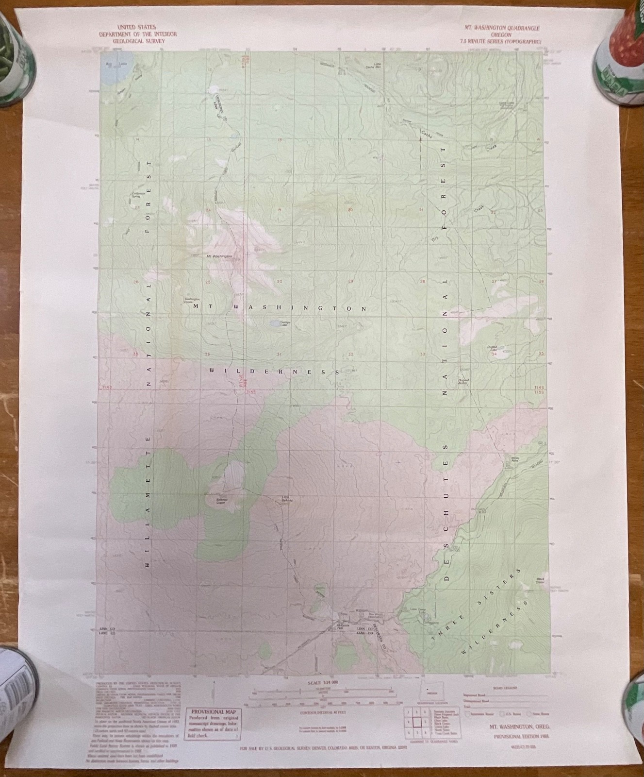1988 Mt Washington Oregon Topographic Map 27in x 22in USGS Provisional - Image 1