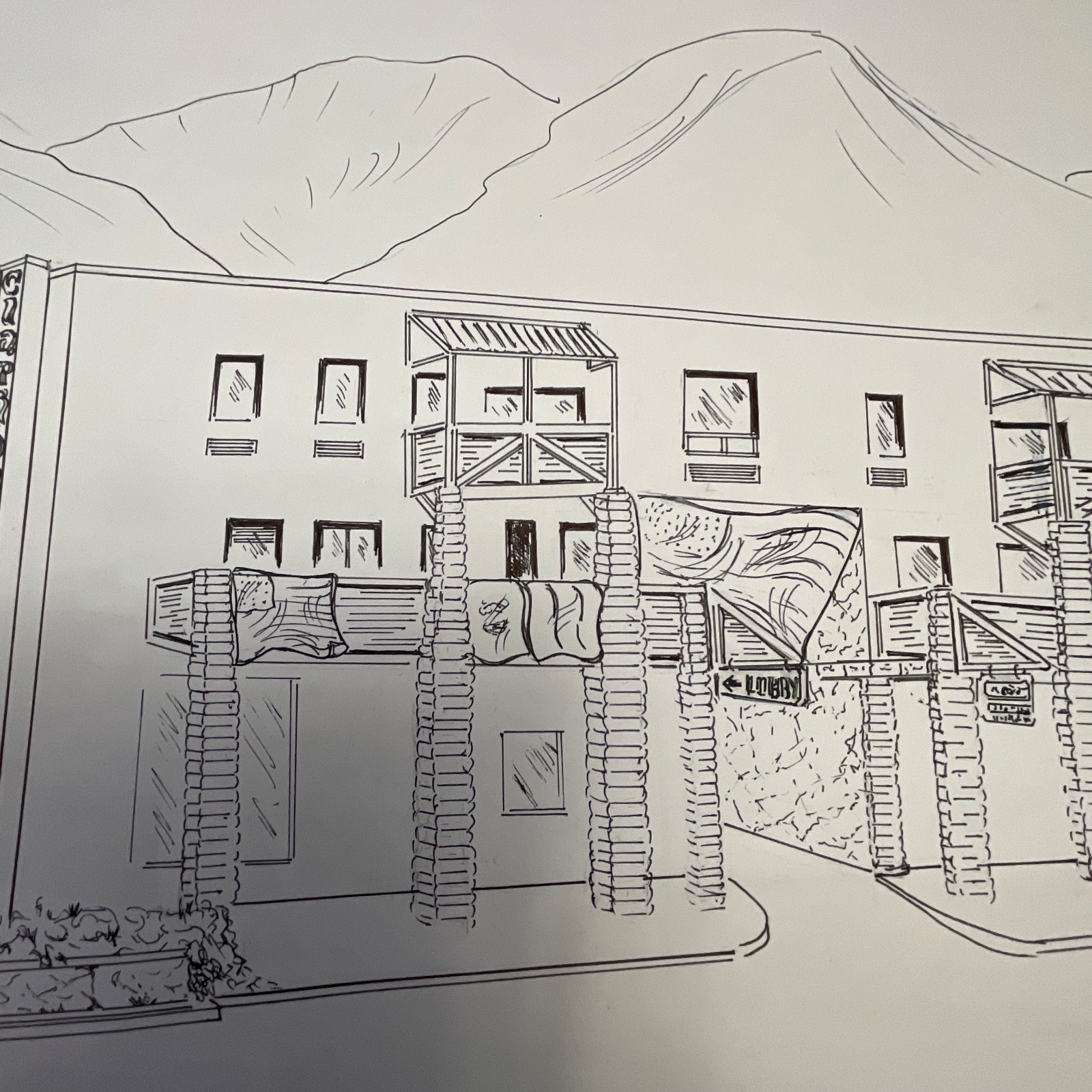 Philip Luskin Clarion Inn Sun Valley Idaho Drawing 24in x 30in Ink Sketch - Image 9