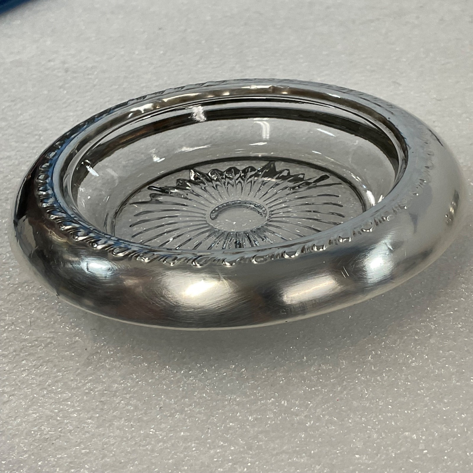 Vintage Sterling Silver Rim Glass Coaster 4in Sunburst Base - Image 1