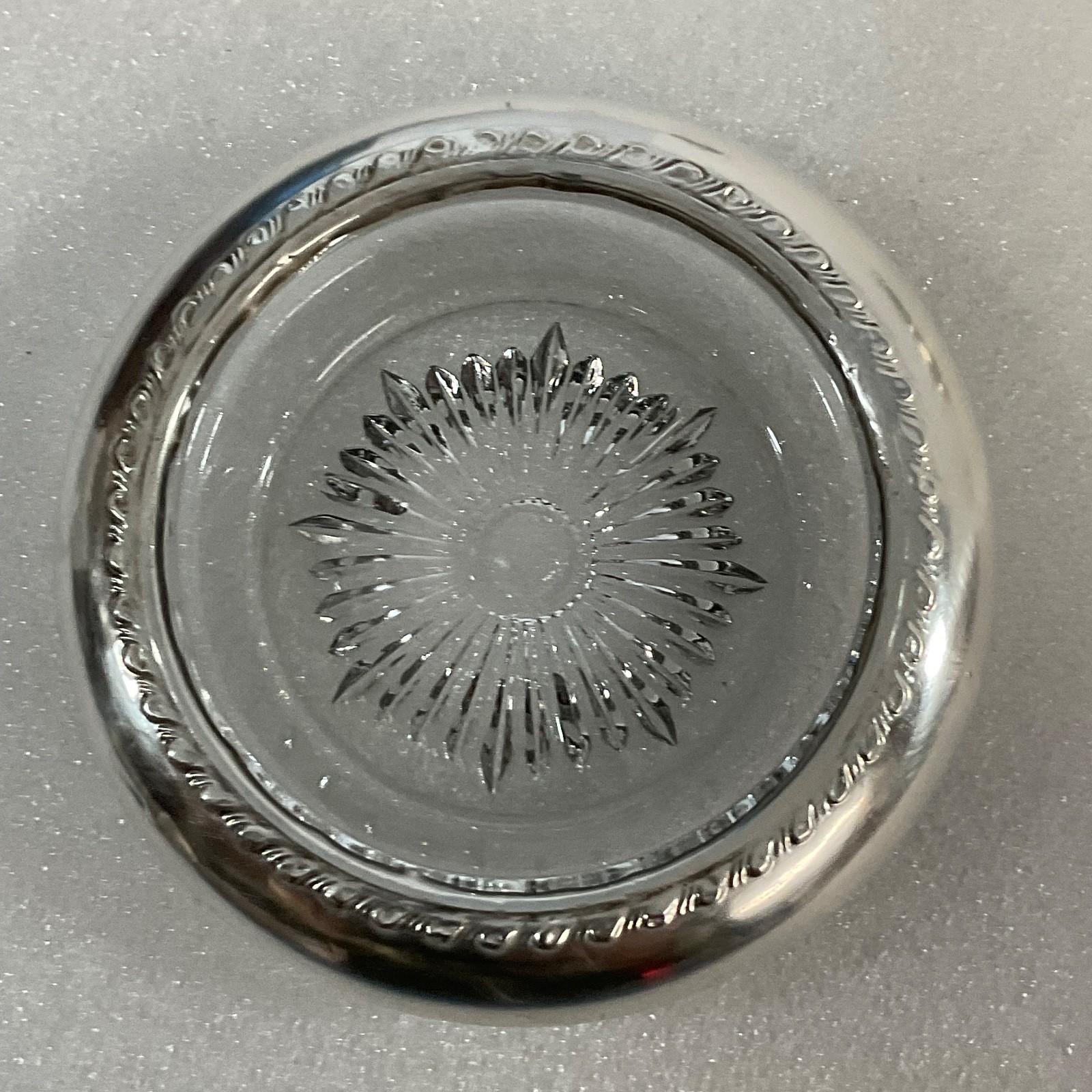 Vintage Sterling Silver Rim Glass Coaster 4in Sunburst Base - Image 2
