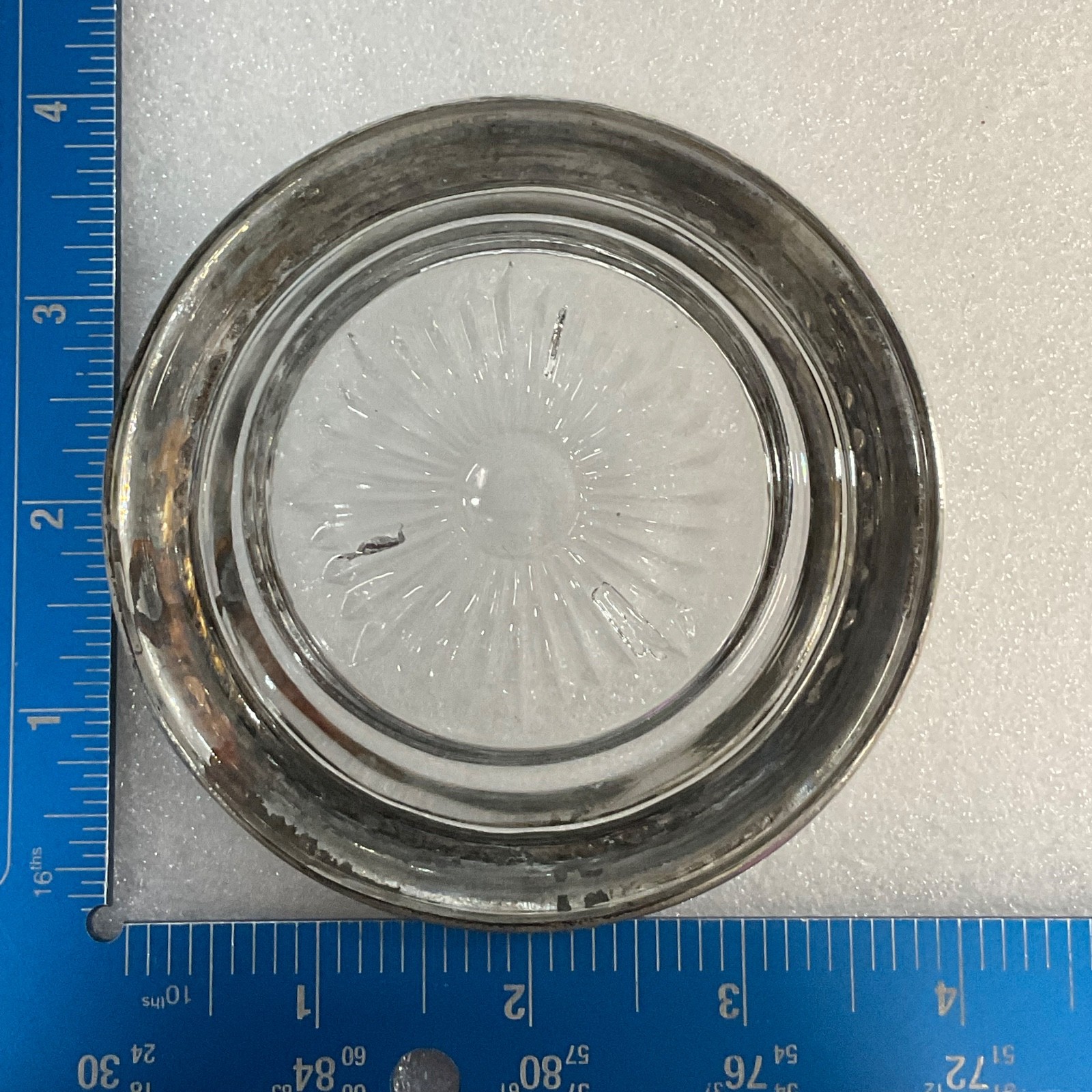 Vintage Sterling Silver Rim Glass Coaster 4in Sunburst Base - Image 3