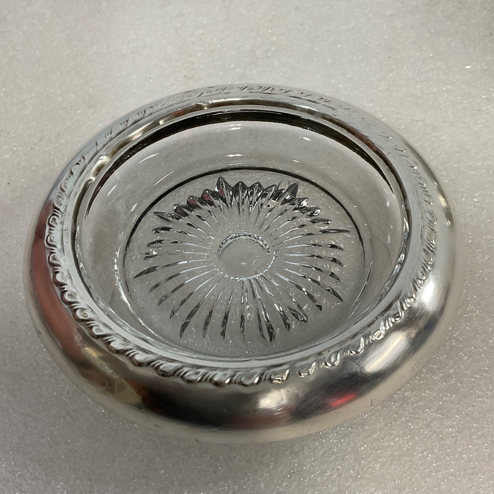 Vintage Sterling Silver Rim Glass Coaster 4in Sunburst Base - Image 6