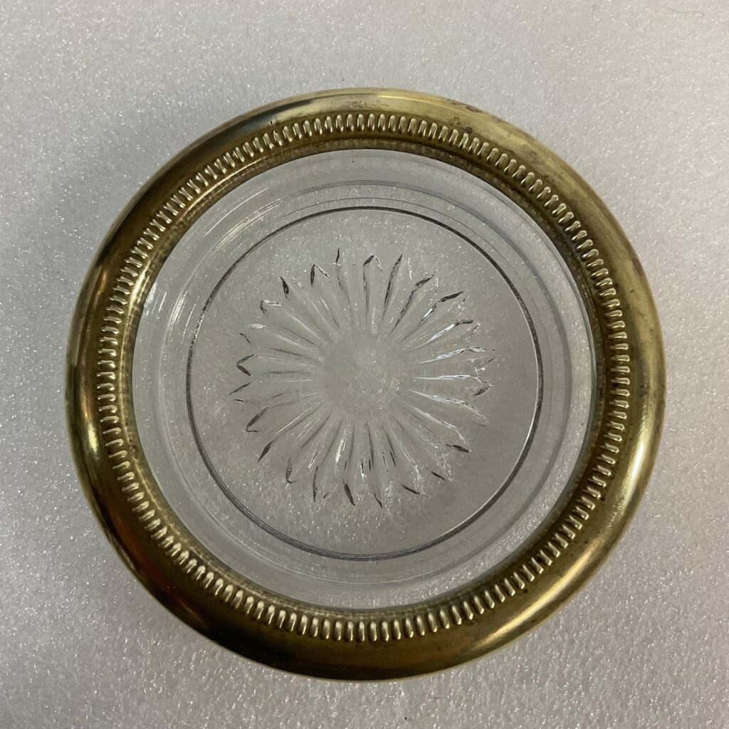 Vintage Glass Coaster Tray w Brass Rim Sunburst Base 4in Top 2.5in Foot - Image 1