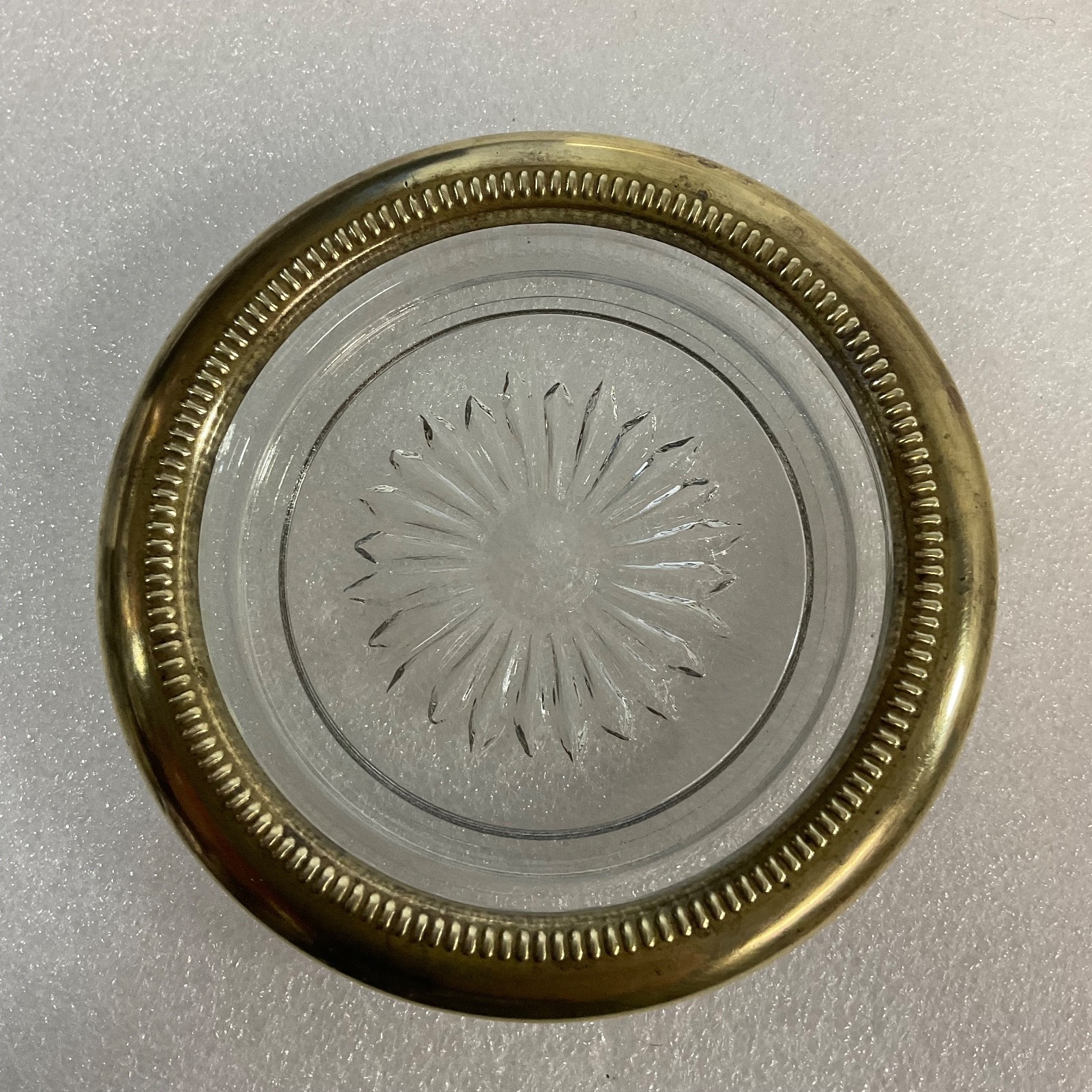 Vintage Glass Coaster Tray w Brass Rim Sunburst Base 4in Top 2.5in Foot - Image 1