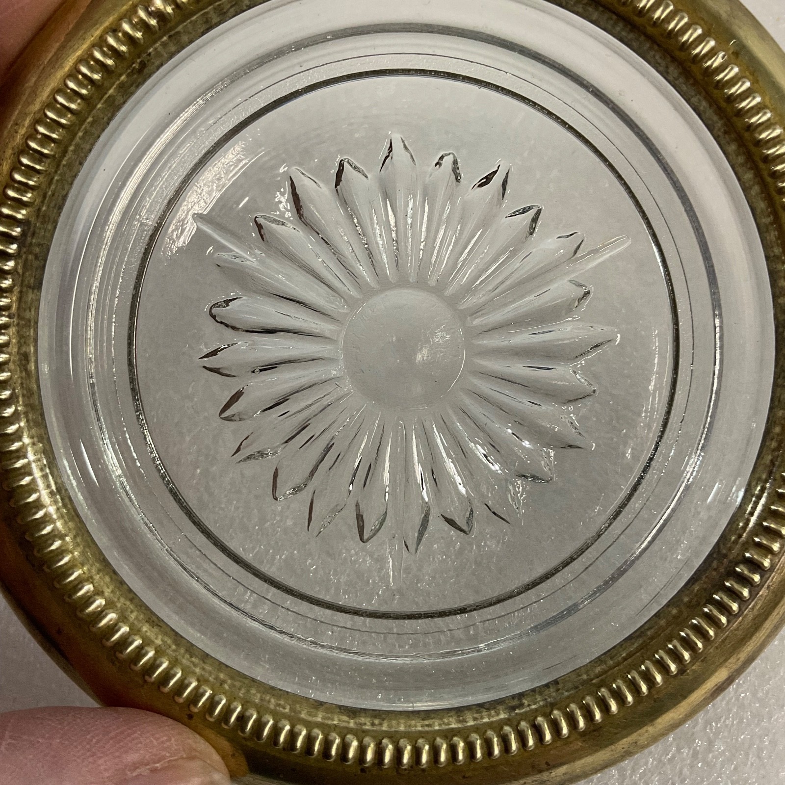 Vintage Glass Coaster Tray w Brass Rim Sunburst Base 4in Top 2.5in Foot - Image 4