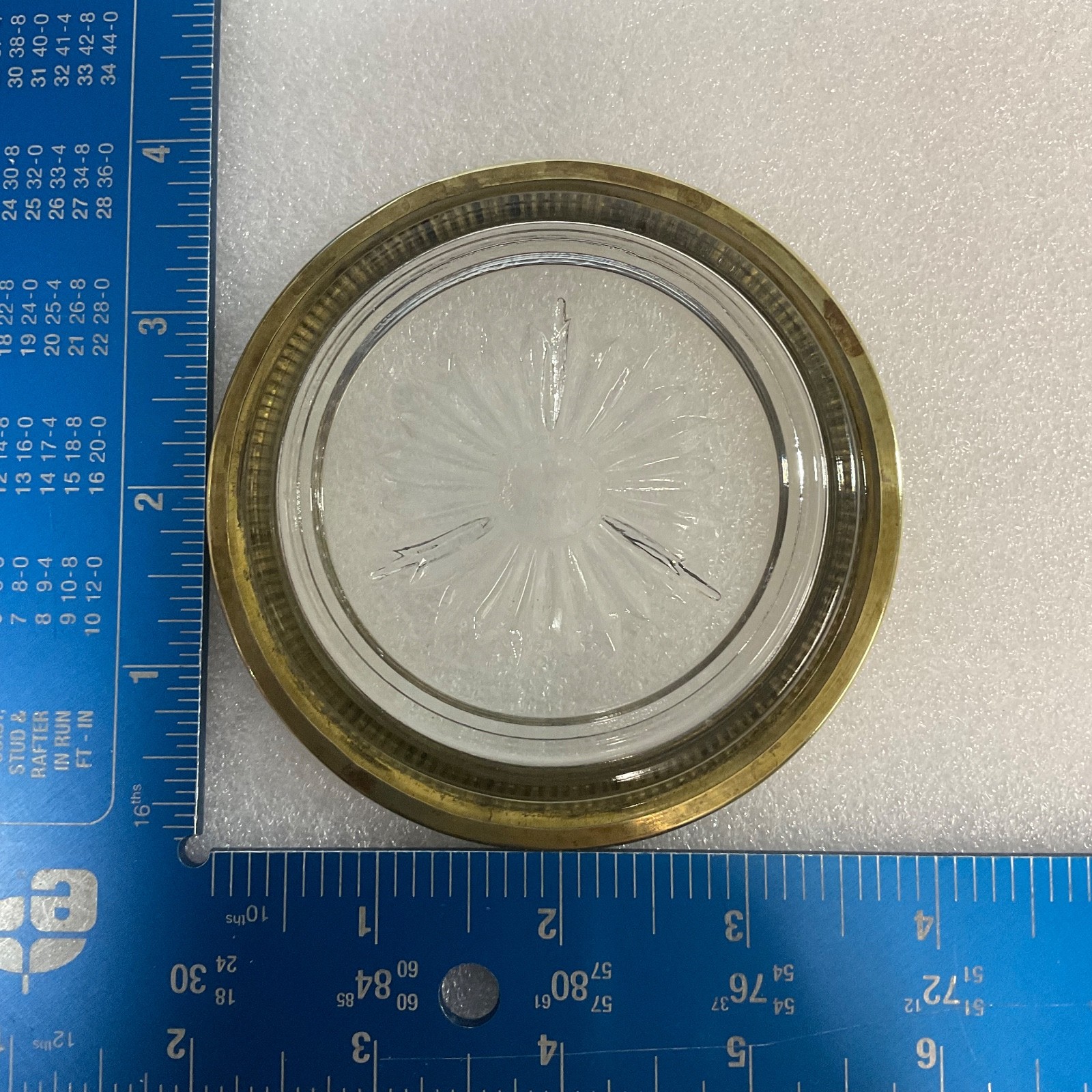 Vintage Glass Coaster Tray w Brass Rim Sunburst Base 4in Top 2.5in Foot - Image 3