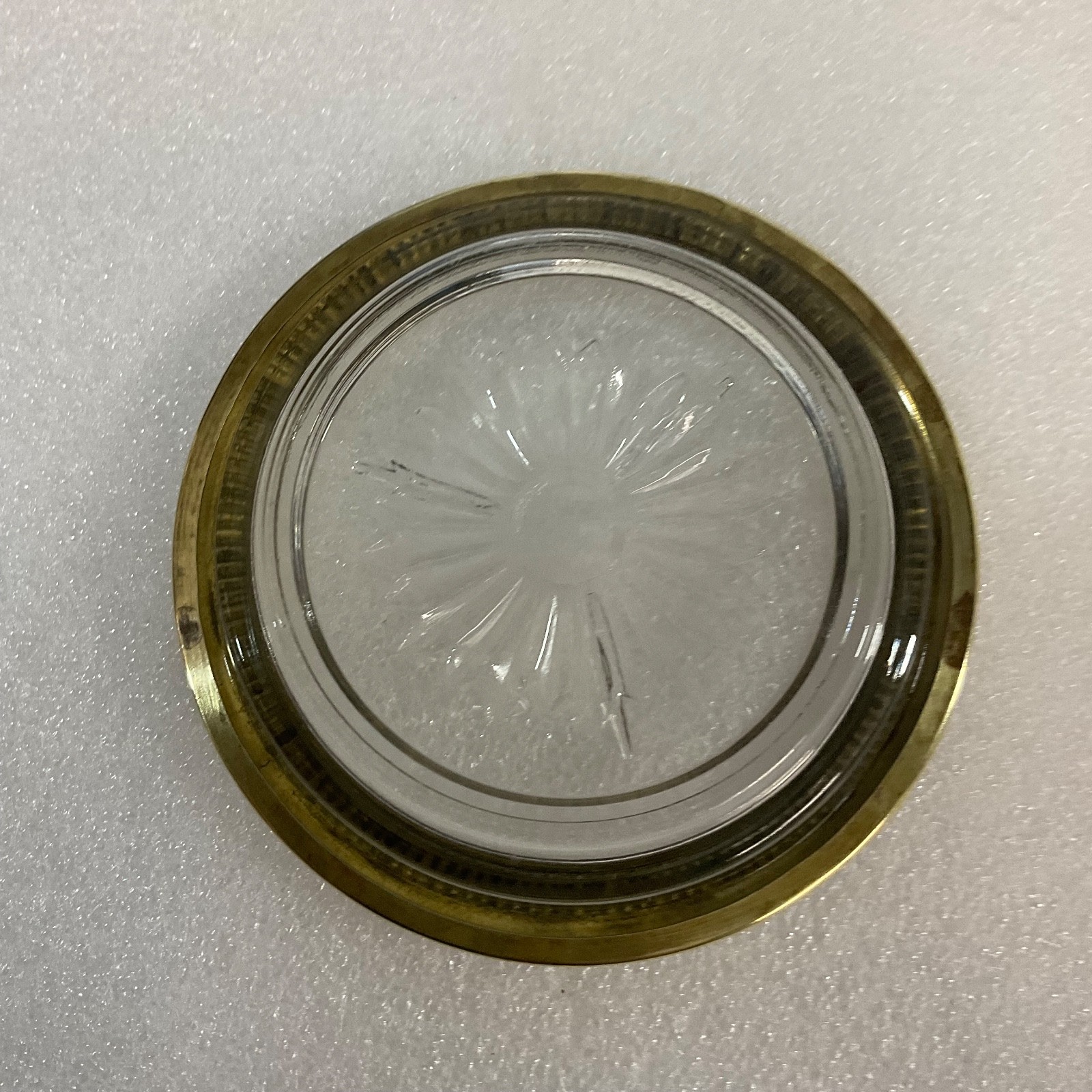 Vintage Glass Coaster Tray w Brass Rim Sunburst Base 4in Top 2.5in Foot - Image 2