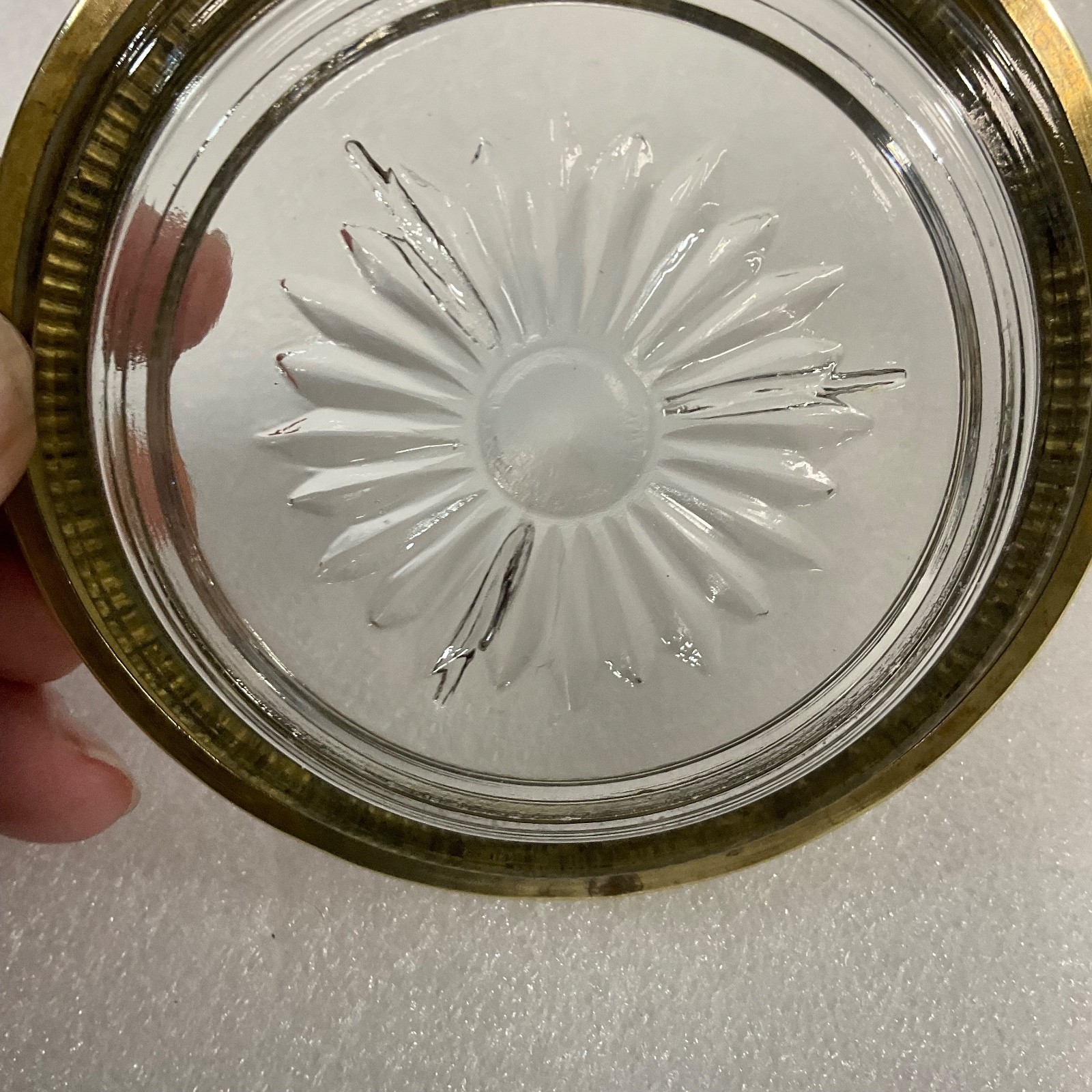 Vintage Glass Coaster Tray w Brass Rim Sunburst Base 4in Top 2.5in Foot - Image 5