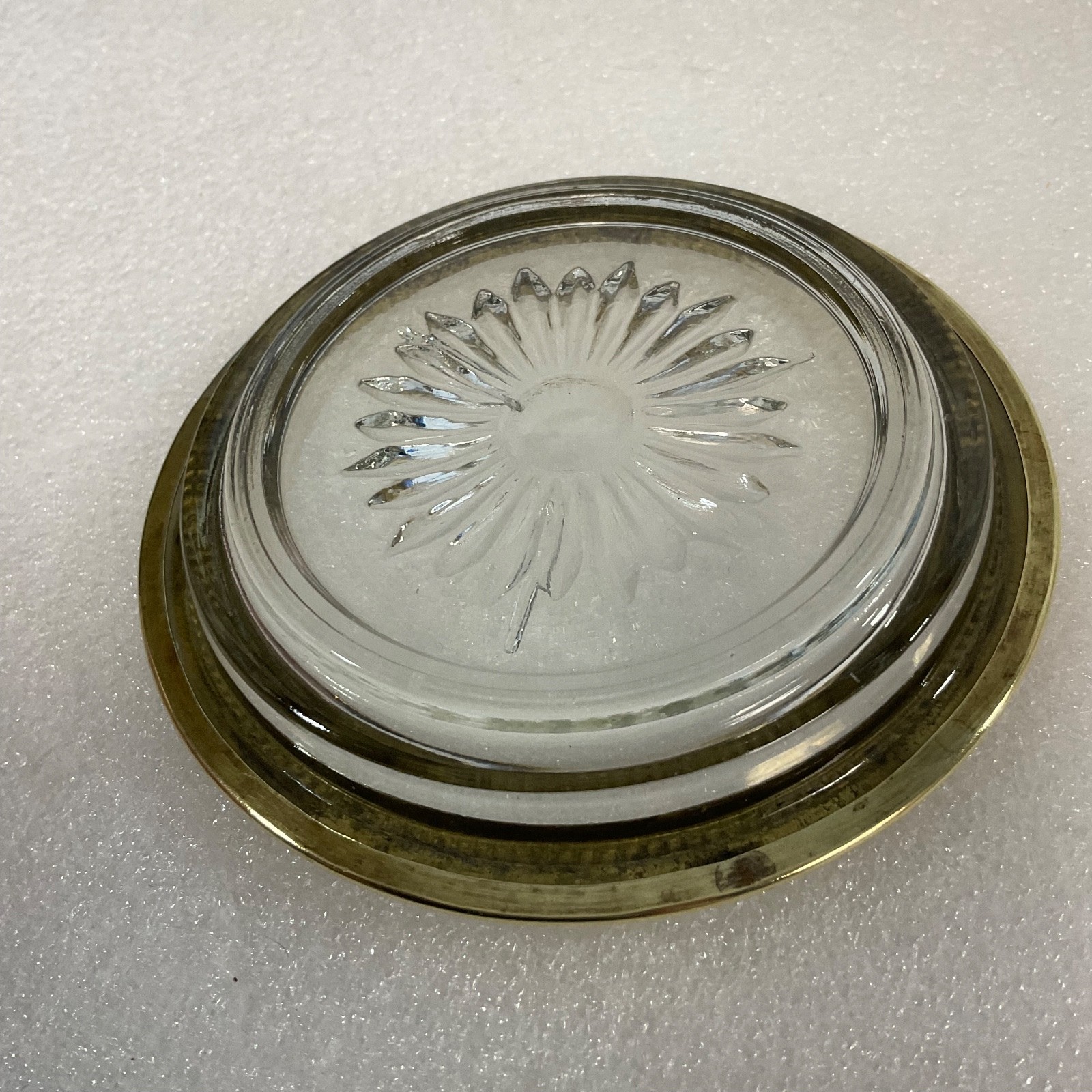 Vintage Glass Coaster Tray w Brass Rim Sunburst Base 4in Top 2.5in Foot - Image 6