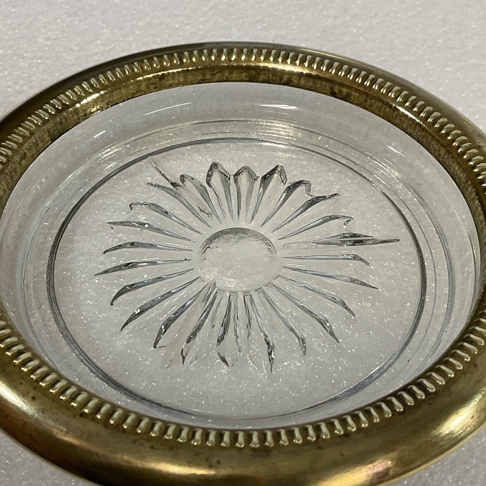 Vintage Glass Coaster Tray w Brass Rim Sunburst Base 4in Top 2.5in Foot - Image 8