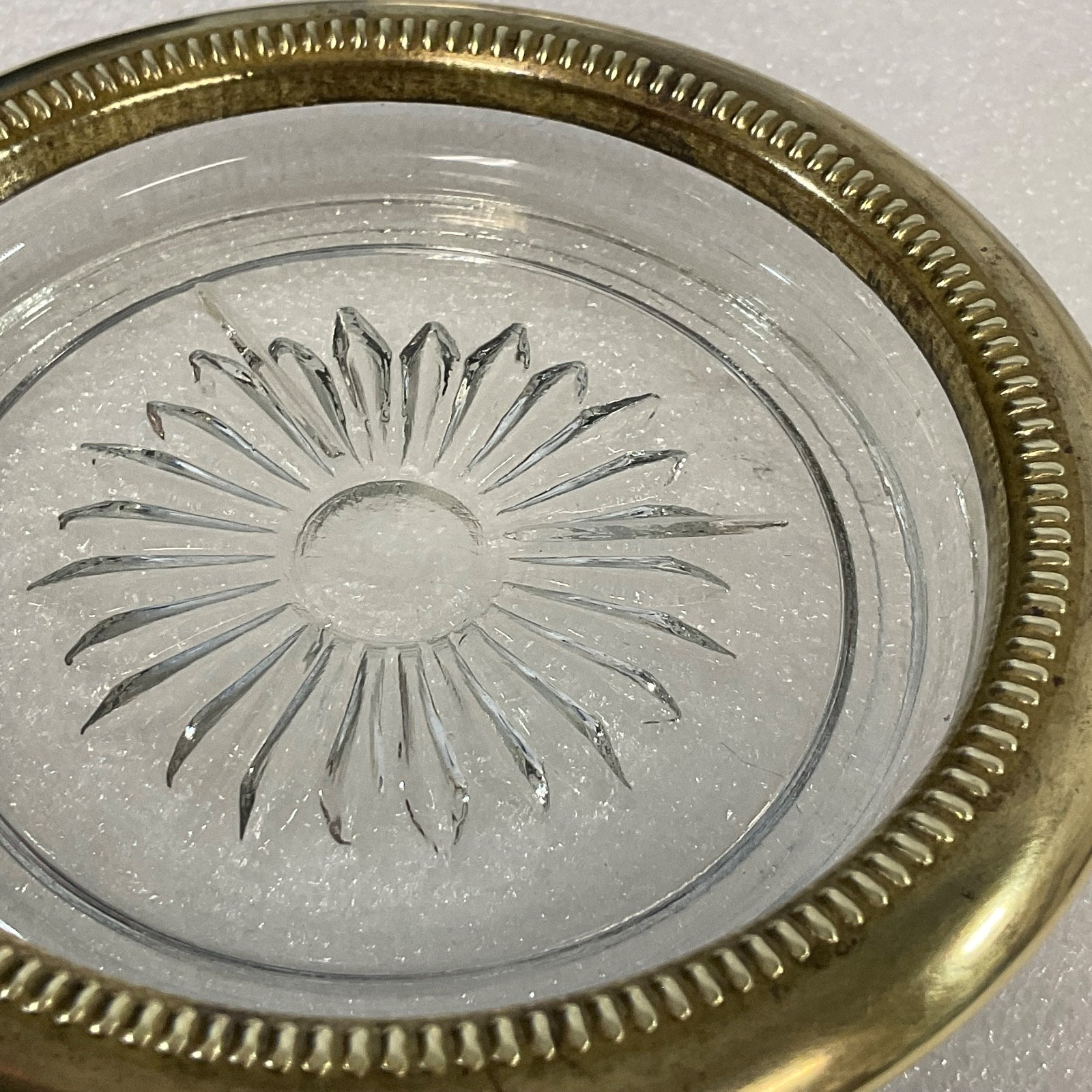 Vintage Glass Coaster Tray w Brass Rim Sunburst Base 4in Top 2.5in Foot - Image 9