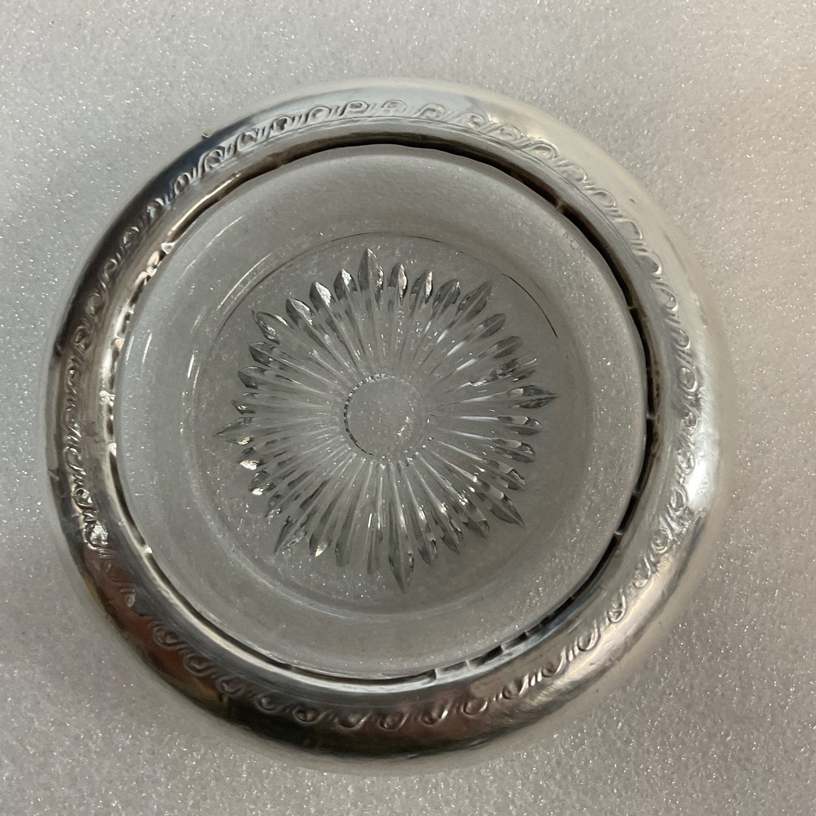 Sterling Silver Rimmed Glass Coaster 4in Vintage Sunburst Design - Image 1
