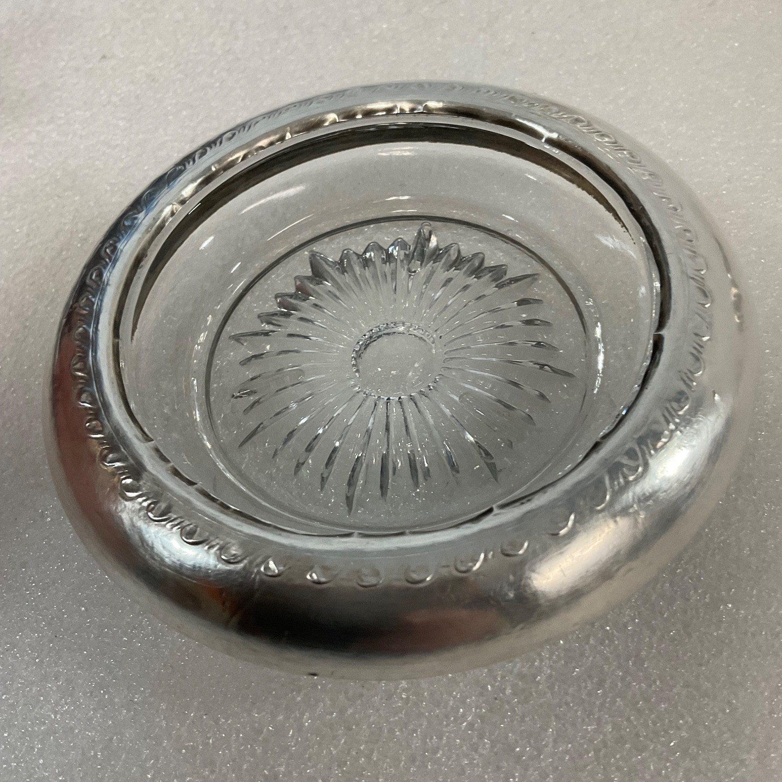 Sterling Silver Rimmed Glass Coaster 4in Vintage Sunburst Design - Image 3