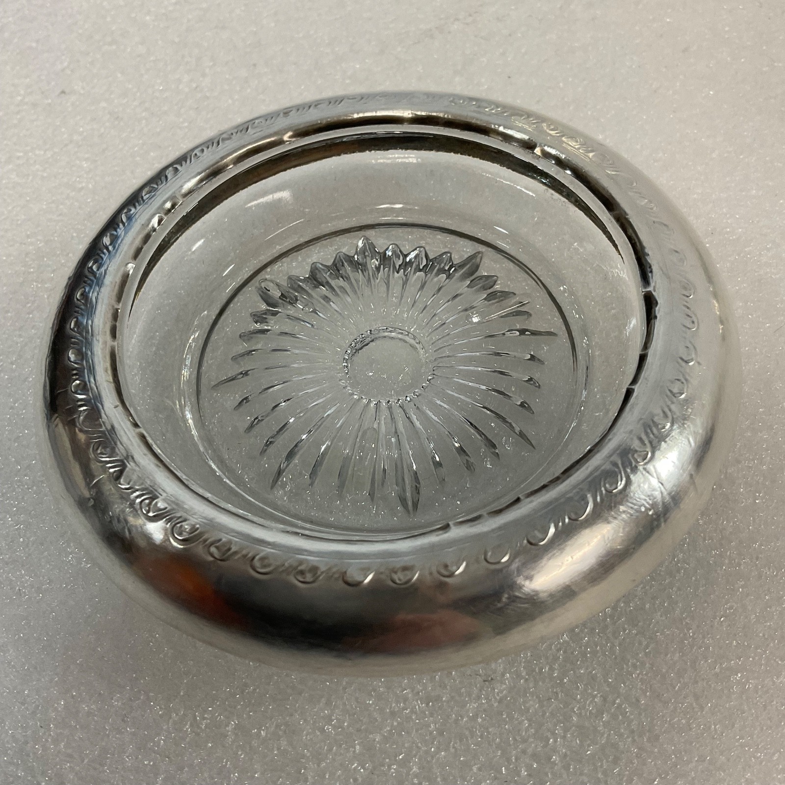 Sterling Silver Rimmed Glass Coaster 4in Vintage Sunburst Design - Image 2