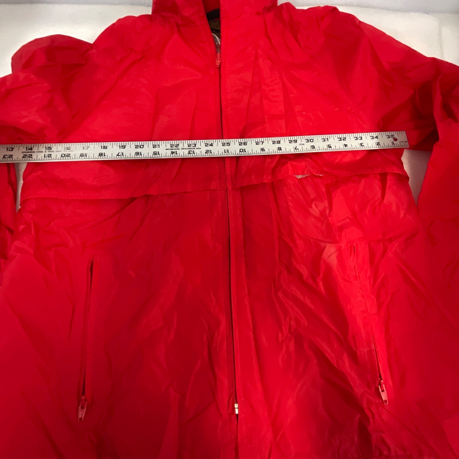 Eddie Bauer Red Nylon Windbreaker Jacket L Packable Ventilated Pockets Zip Hood - Image 12