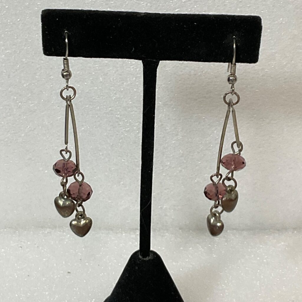 Vintage Silver Tone Dangle Earrings Purple Beads Heart Charms 4.17g 2in Retro - Image 1