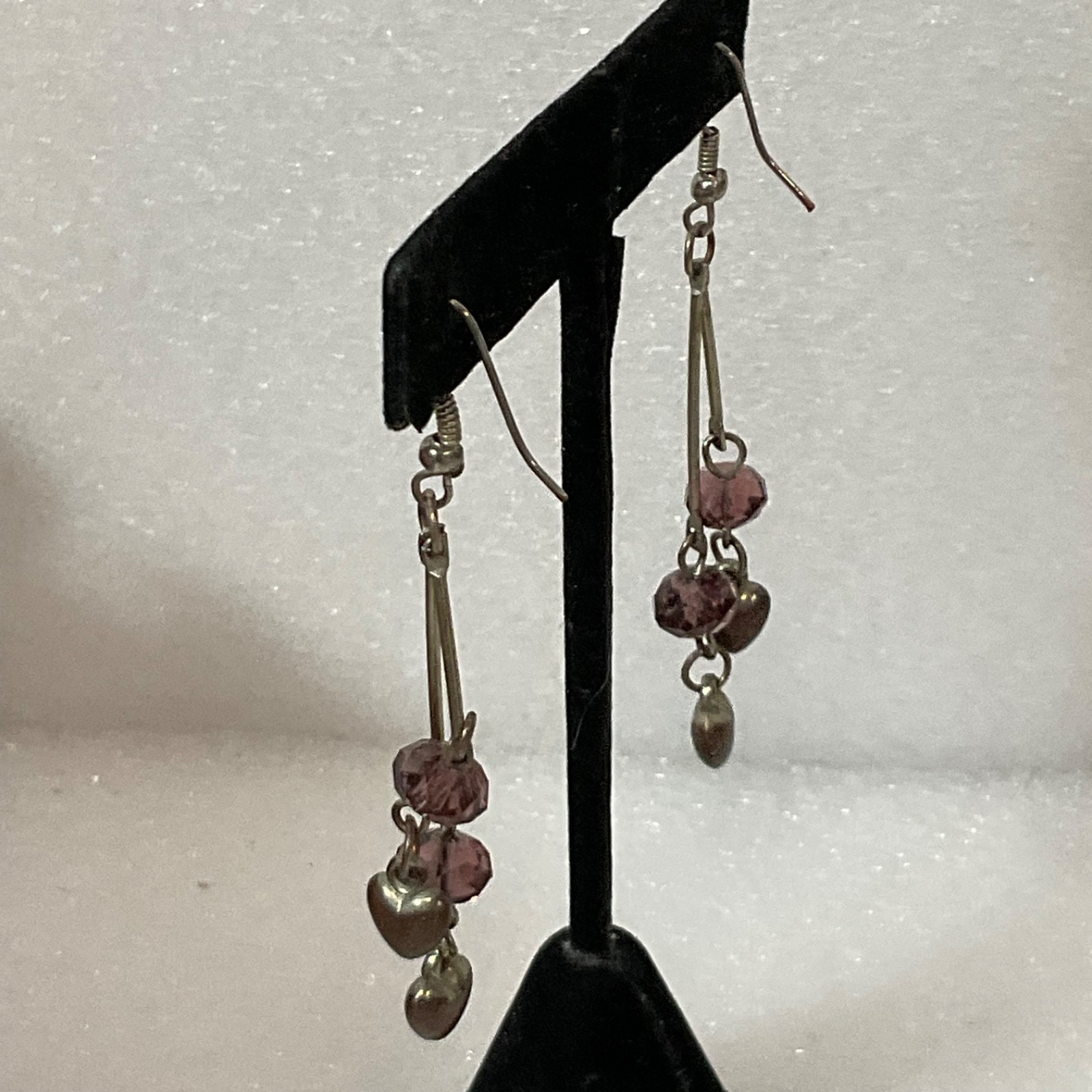 Vintage Silver Tone Dangle Earrings Purple Beads Heart Charms 4.17g 2in Retro - Image 3